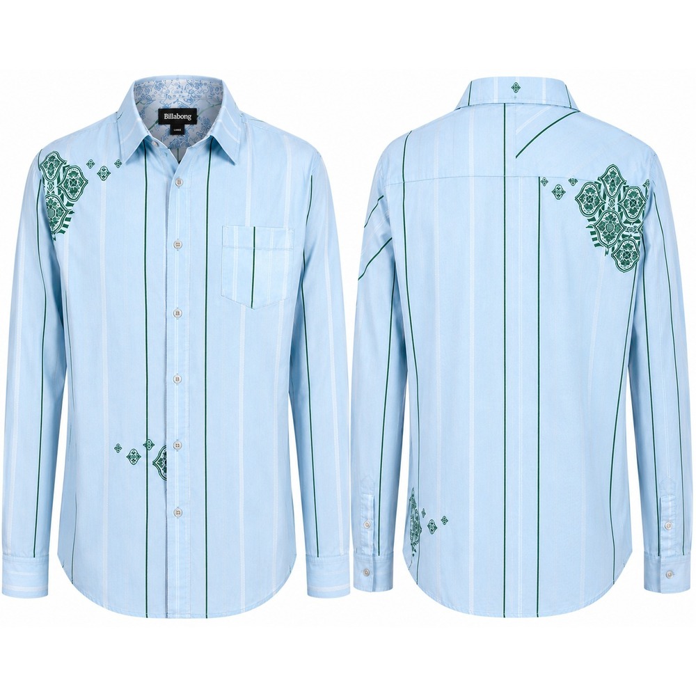 Billabong Slim Fit Button Up Shirt Mens Large Blue Striped Graphic Long Sleeve